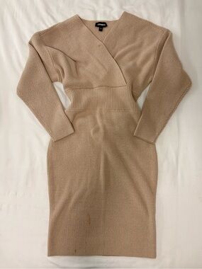 Express Tan Ribbed Wrap-Front Long Sleeve Midi Dress